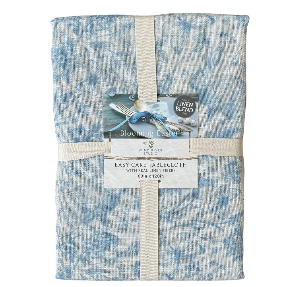 Blooming Easter Blue Bunny Rabbit Floral Tablecloth 60x120 Linen Blend NEW